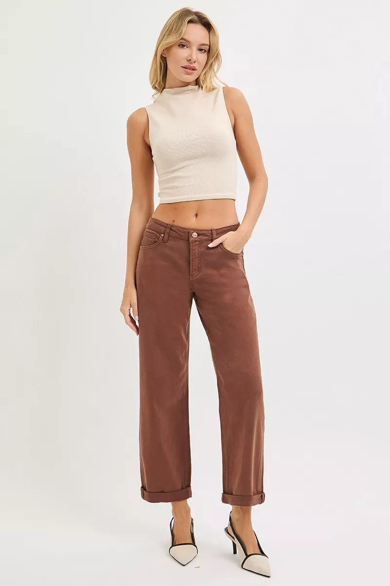 Cocoa brown tummy control mid-rise barrel baggy jeans with button fly and cuffed ankle hem