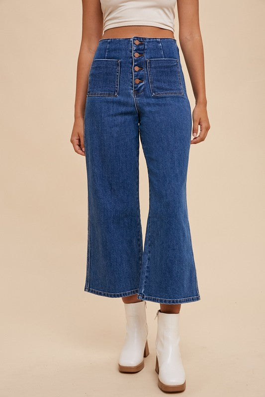 Dark Blue Button Fly High Waist Cropped Jeans - Tigbul's Variety Fashion Shop