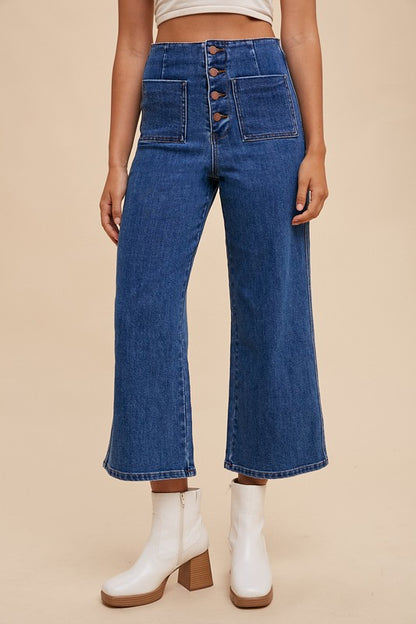 Dark Blue Button Fly High Waist Cropped Jeans - Tigbul's Variety Fashion Shop