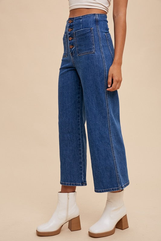 Dark Blue Button Fly High Waist Cropped Jeans - Tigbul's Variety Fashion Shop