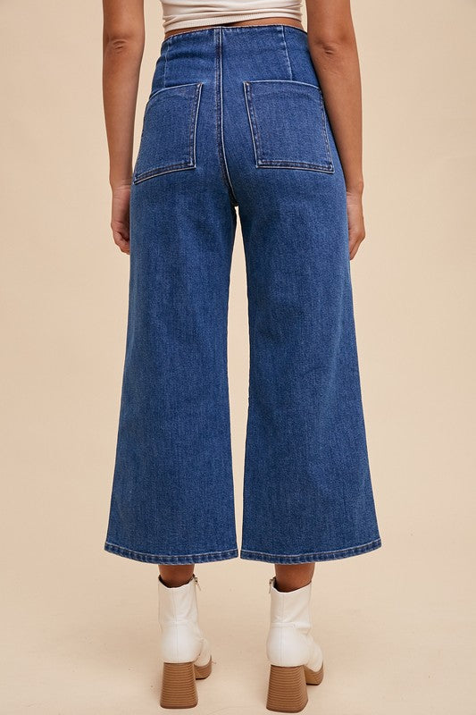 Dark Blue Button Fly High Waist Cropped Jeans - Tigbul's Variety Fashion Shop