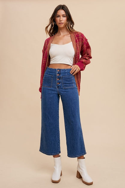 Dark Blue Button Fly High Waist Cropped Jeans - Tigbul's Variety Fashion Shop