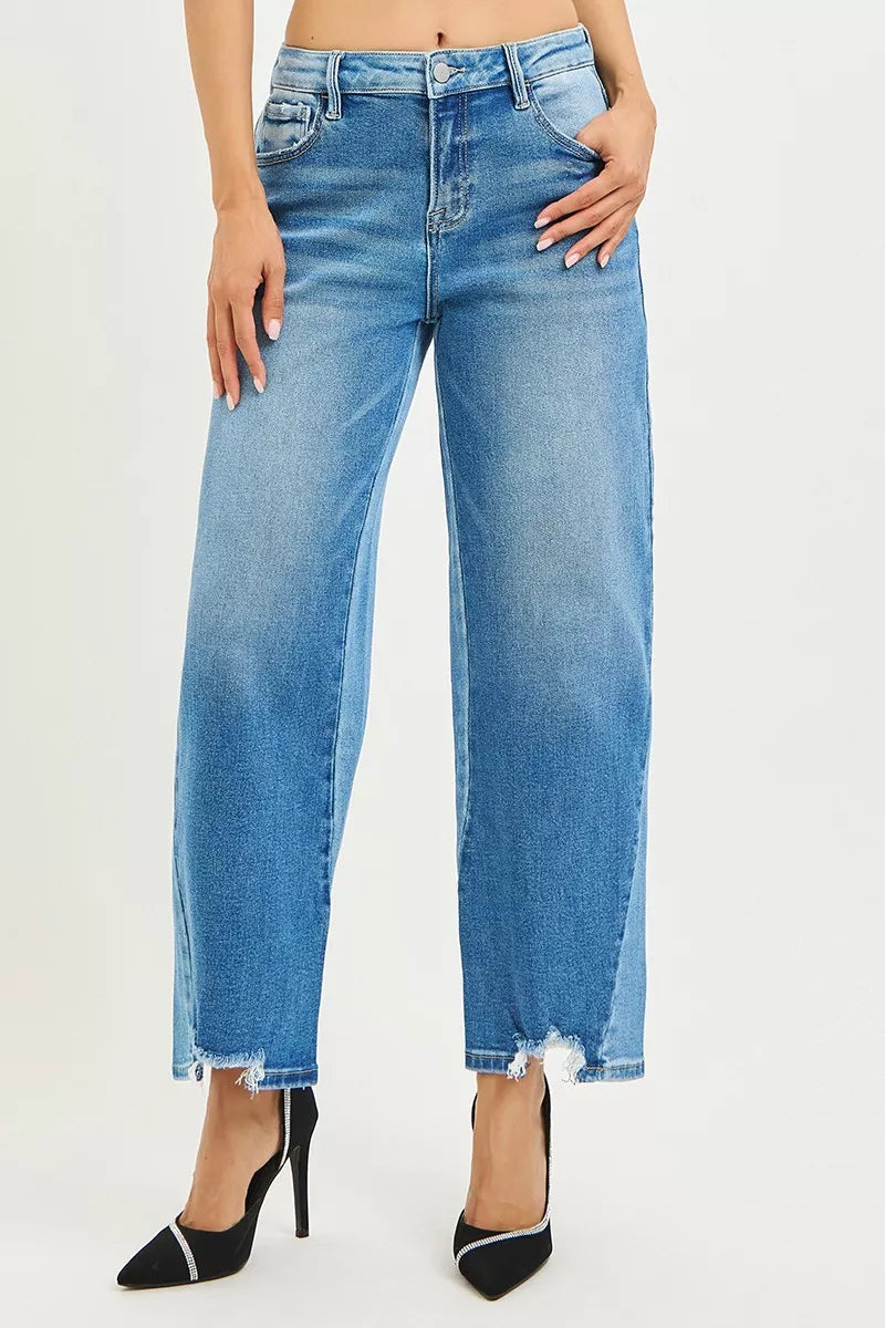 Washed blue denim jeans with straight center seam, belt loops, and frayed cuffs