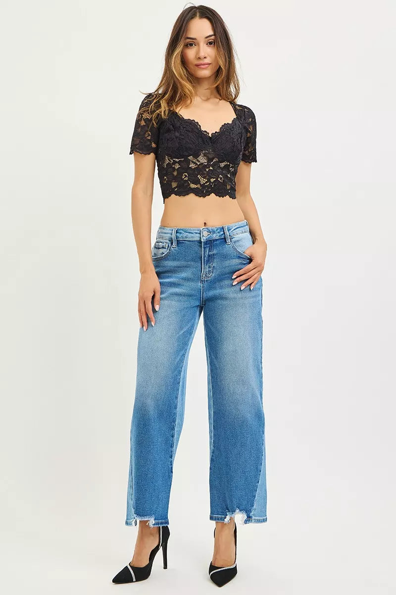 Washed blue slouchy cropped barrel jeans with frayed hem and classic 5-pocket design