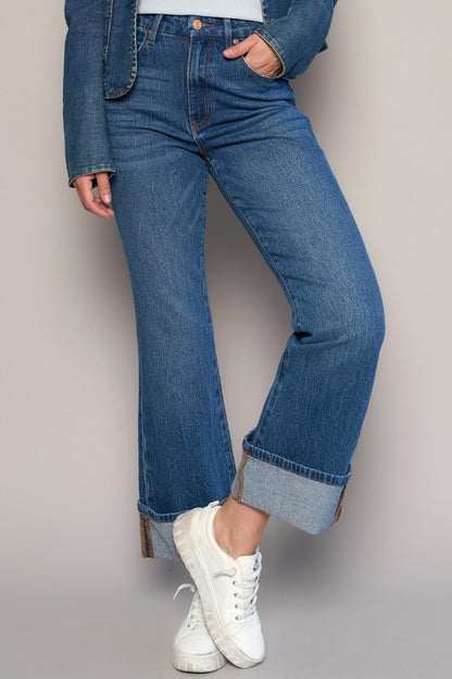Dark High Rise Cuffed Cropped Boot Cut Jeans - Tigbul's Variety Fashion Shop