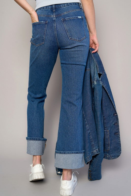Dark High Rise Cuffed Cropped Boot Cut Jeans - Tigbul's Variety Fashion Shop