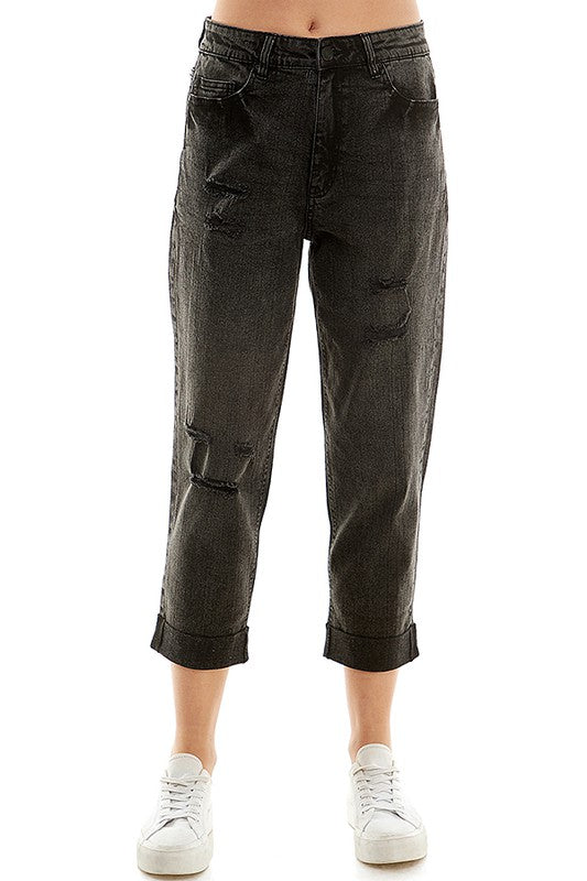 Distressed High Rise Cropped Mom Stretch Jean Pants - Tigbul's Variety Fashion Shop