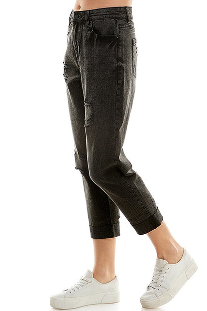 Distressed High Rise Cropped Mom Stretch Jean Pants - Tigbul's Variety Fashion Shop
