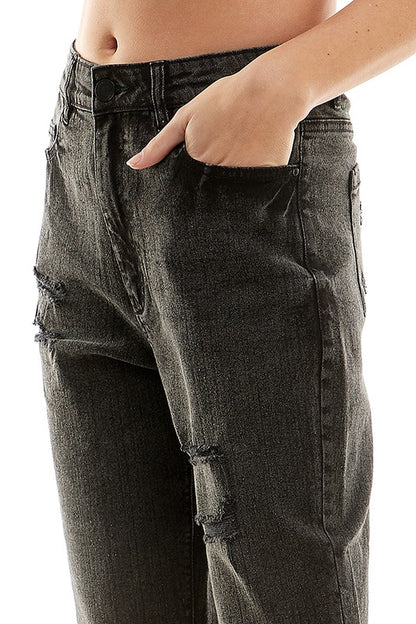 Distressed High Rise Cropped Mom Stretch Jean Pants - Tigbul's Variety Fashion Shop
