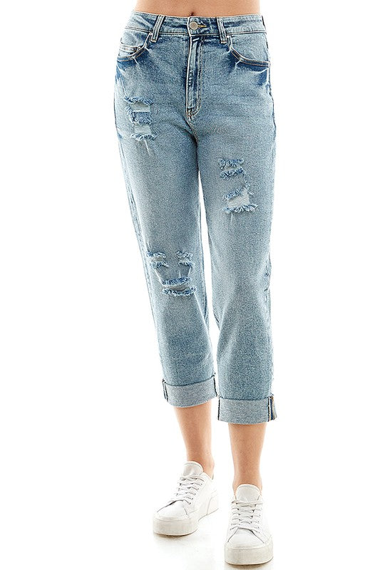 Distressed High Rise Cropped Mom Stretch Jean Pants - Tigbul's Variety Fashion Shop