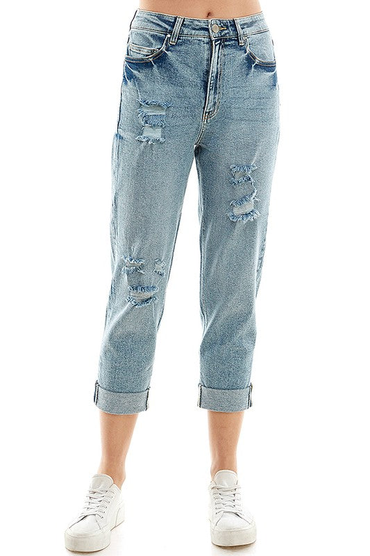 Distressed High Rise Cropped Mom Stretch Jean Pants - Tigbul's Variety Fashion Shop