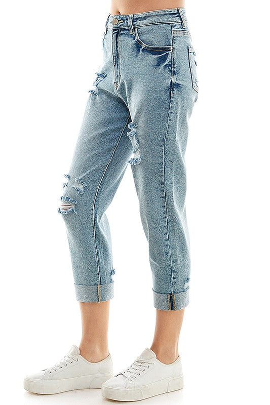 Distressed High Rise Cropped Mom Stretch Jean Pants - Tigbul's Variety Fashion Shop