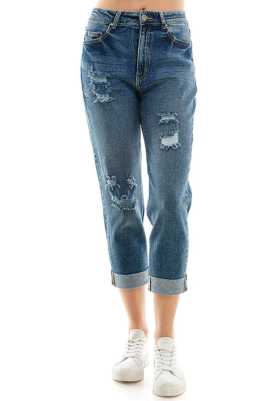 Distressed High Rise Cropped Mom Stretch Jean Pants - Tigbul's Variety Fashion Shop