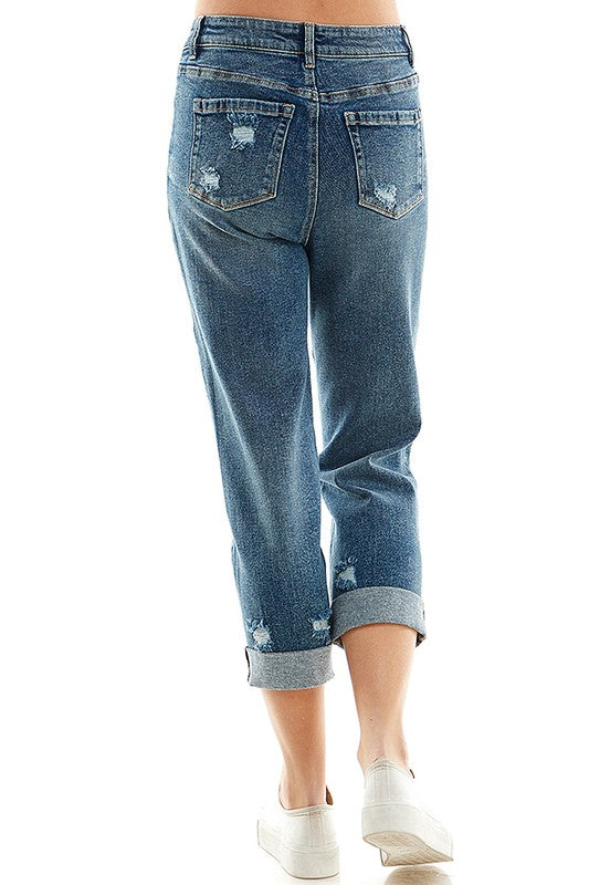Distressed High Rise Cropped Mom Stretch Jean Pants - Tigbul's Variety Fashion Shop