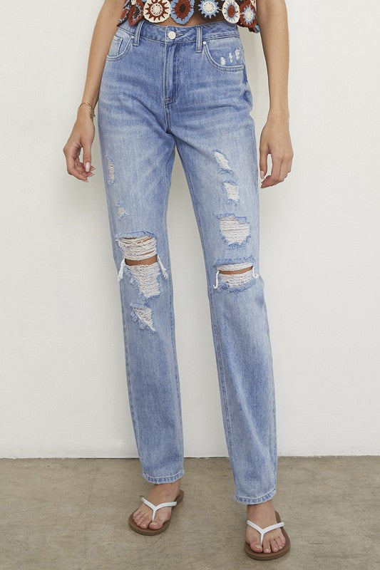 Distressed Light Blue Straight Jeans - Tigbul's Variety Fashion Shop