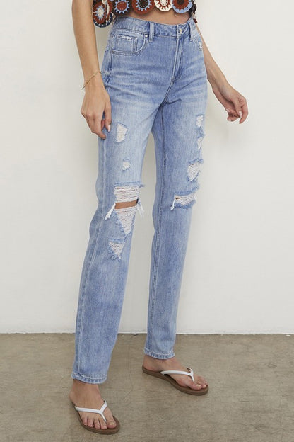 Distressed Light Blue Straight Jeans - Tigbul's Variety Fashion Shop