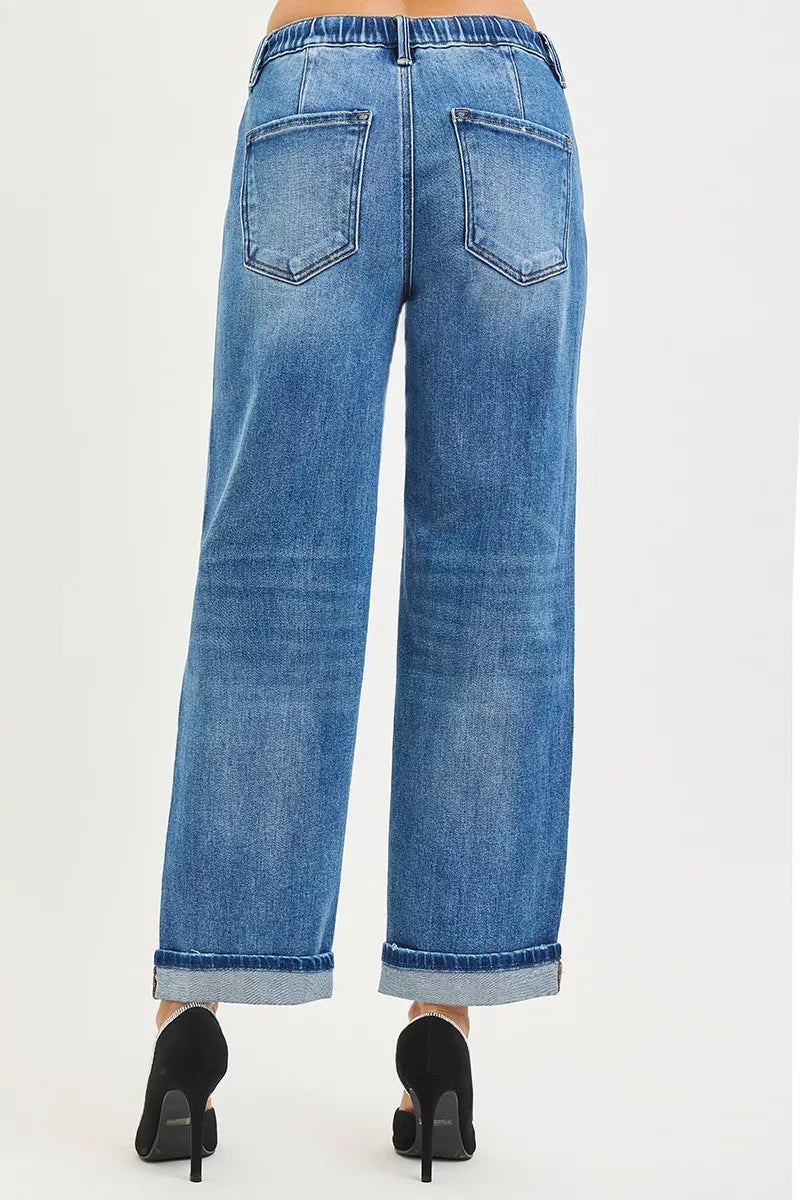Back view blue boyfriend jeans with two patch pockets and cuffed hem