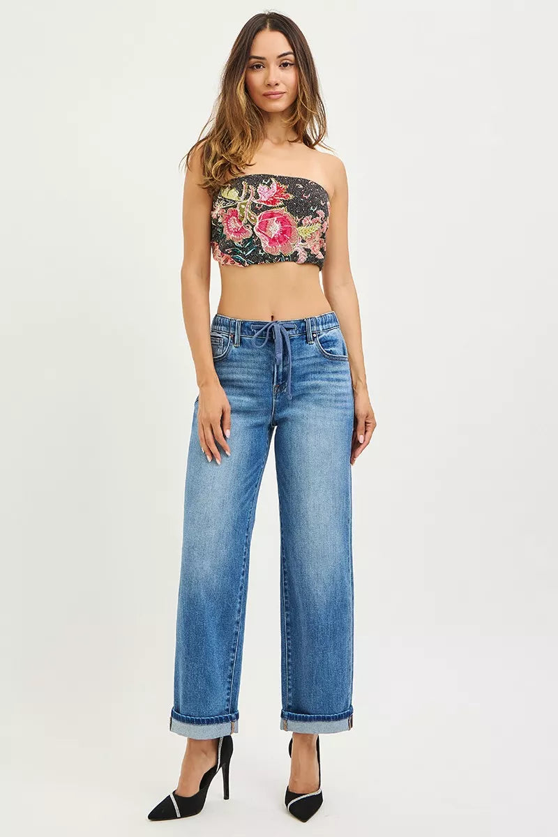Blue elastic-waist slouch cuffed boyfriend jeans, drawstring tie at front