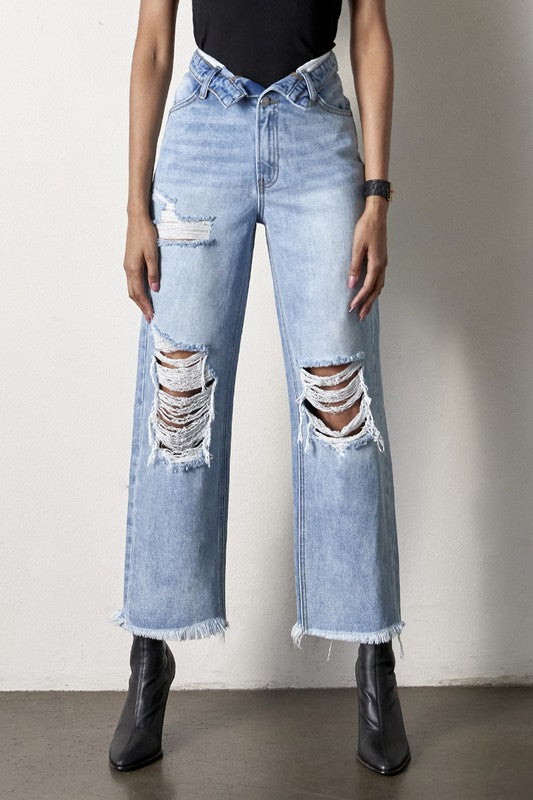 Frayed Flip Waist Straight Jeans - Tigbul's Variety Fashion Shop
