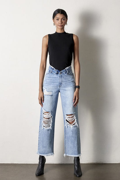 Frayed Flip Waist Straight Jeans - Tigbul's Variety Fashion Shop