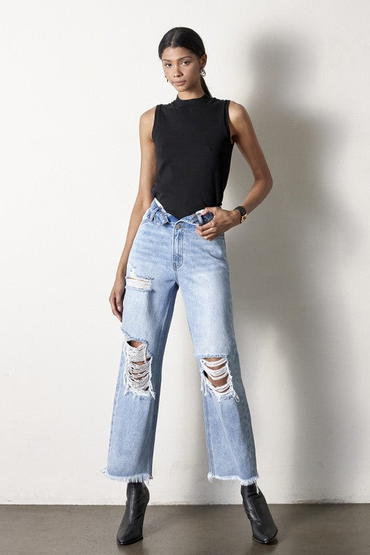 Frayed Flip Waist Straight Jeans - Tigbul's Variety Fashion Shop