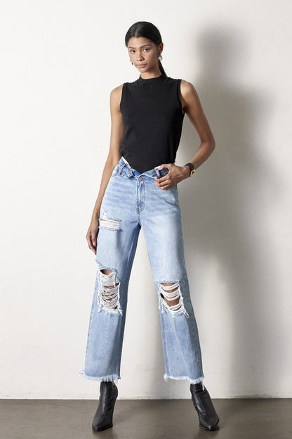 Frayed Flip Waist Straight Jeans - Tigbul's Variety Fashion Shop