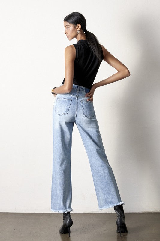 Frayed Flip Waist Straight Jeans - Tigbul's Variety Fashion Shop