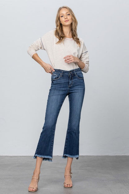 Frayed Waistband and Raw Hem Crop Boot Cut Jean Pants - Tigbul's Variety Fashion Shop