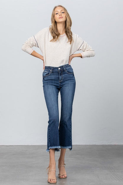 Frayed Waistband and Raw Hem Crop Boot Cut Jean Pants - Tigbul's Variety Fashion Shop