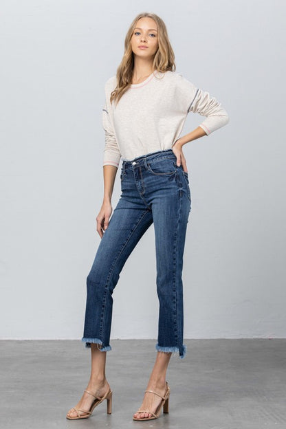 Frayed Waistband and Raw Hem Crop Boot Cut Jean Pants - Tigbul's Variety Fashion Shop