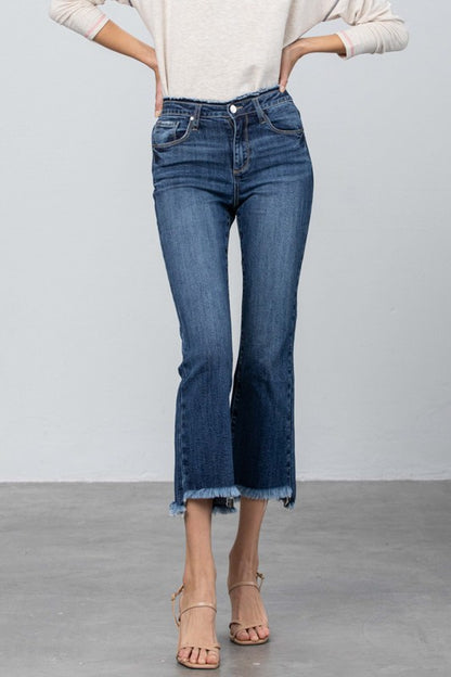 Frayed Waistband and Raw Hem Crop Boot Cut Jean Pants - Tigbul's Variety Fashion Shop