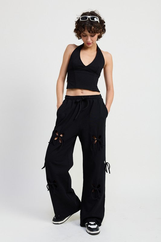 French Terry Pants With Cutout Details - Tigbul's Variety Fashion Shop