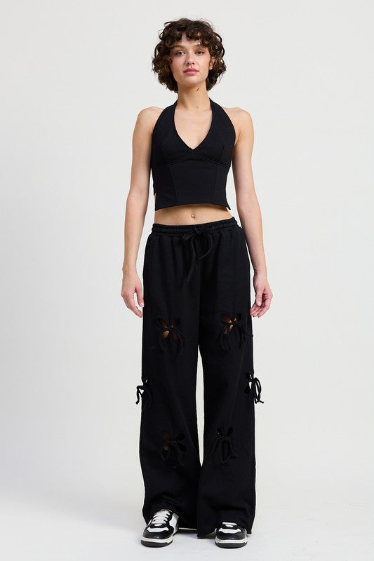 French Terry Pants With Cutout Details - Tigbul's Variety Fashion Shop