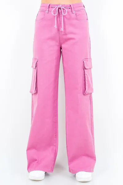 Fuchsia Pink Drawstring Wide Leg Cargo Pants - Tigbul's Variety Fashion Shop