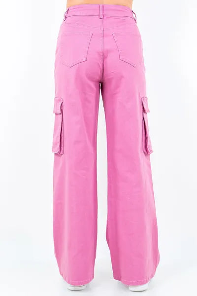 Fuchsia Pink Drawstring Wide Leg Cargo Pants - Tigbul's Variety Fashion Shop