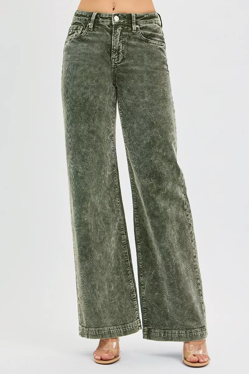 Forest green high-rise corduroy wide-leg jeans, close-up of waistband and front pockets