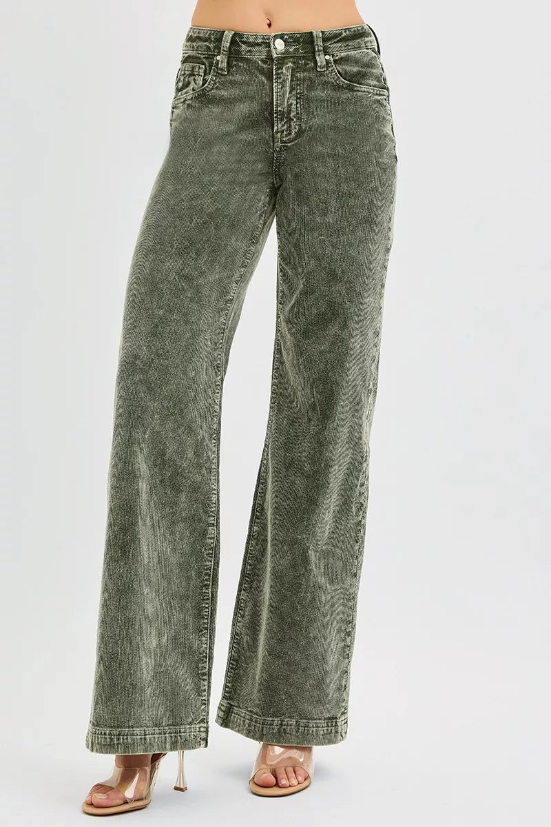Forest green high-rise corduroy wide-leg jeans, front side view with wide leg seams