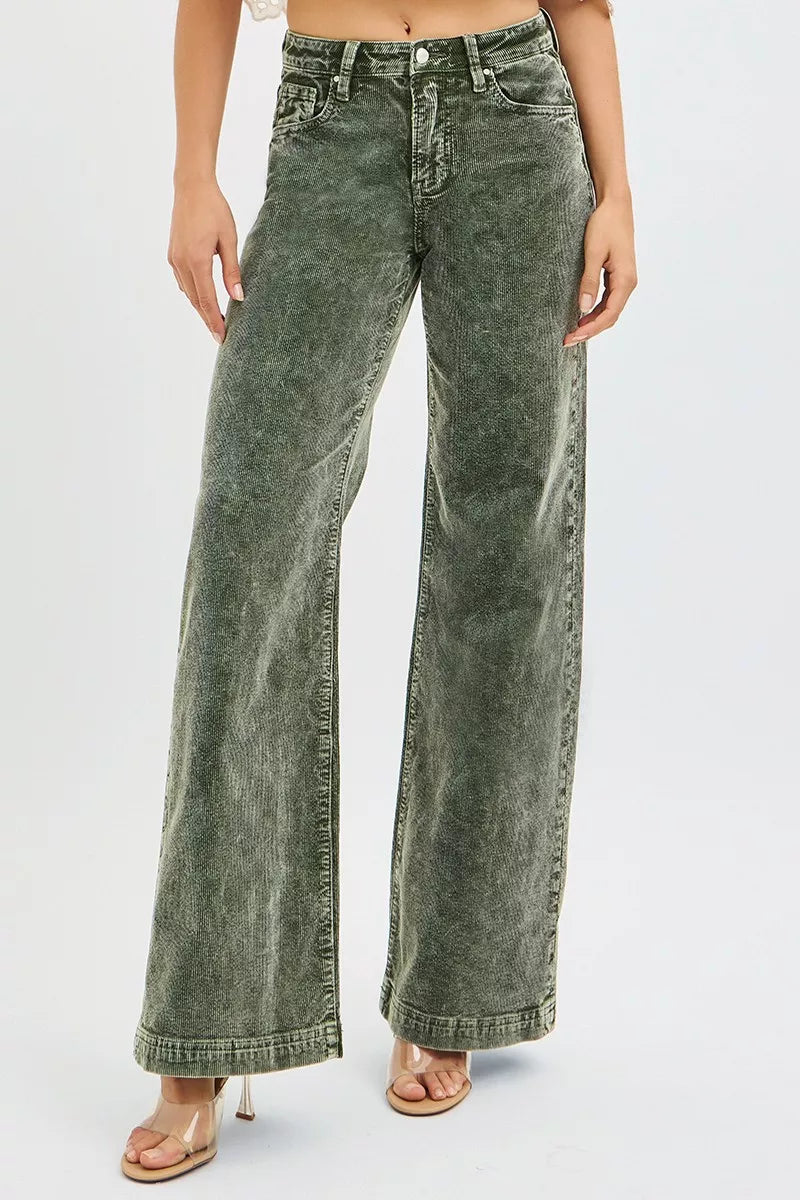 Forest green high-rise corduroy wide-leg jeans, front view with belt loops and pockets
