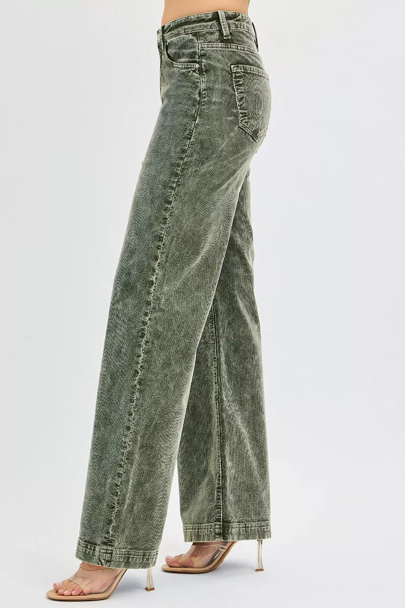 Forest green high-rise corduroy wide-leg jeans, back side view with straight wide legs