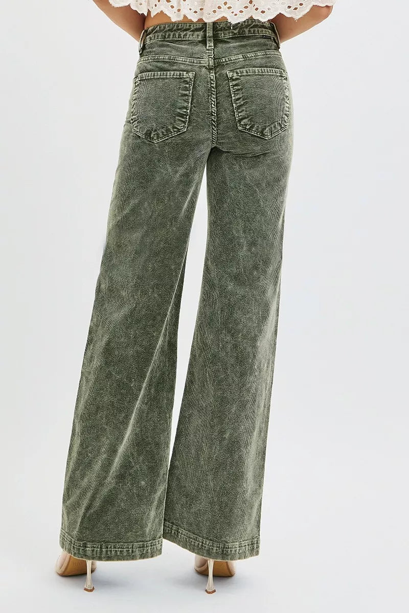 Forest green high-rise corduroy wide-leg jeans, back view with two back pockets