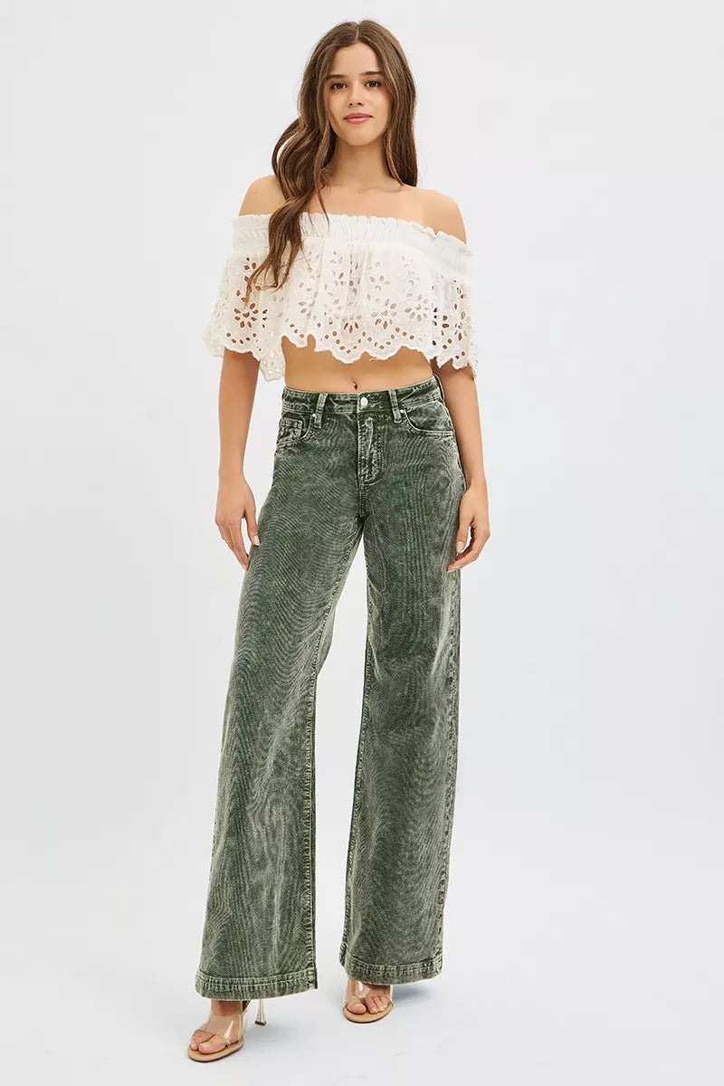 Forest green high-rise corduroy wide-leg jeans, front view with button closure