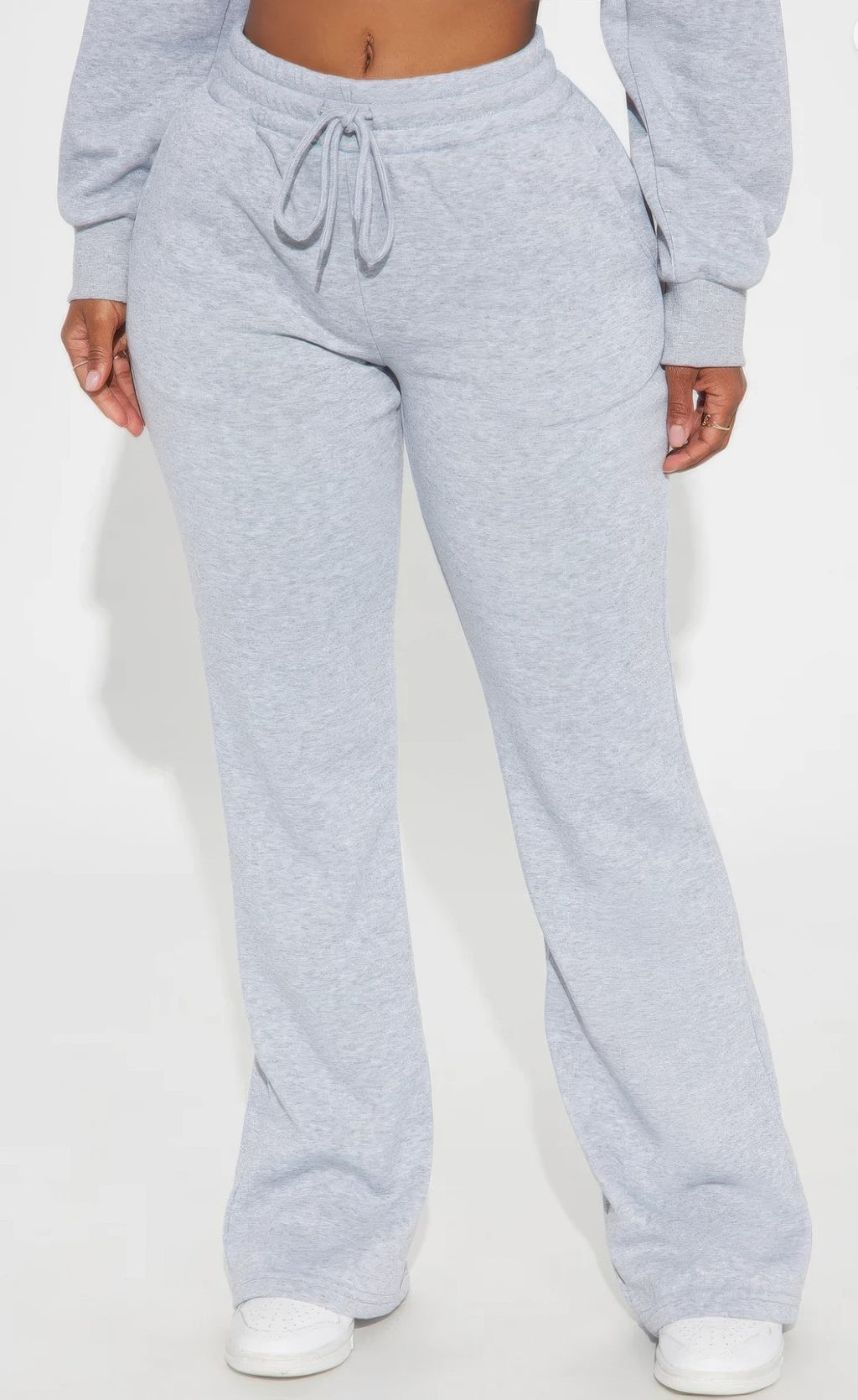 Heather gray lounge flare pants with drawstring waist, front view