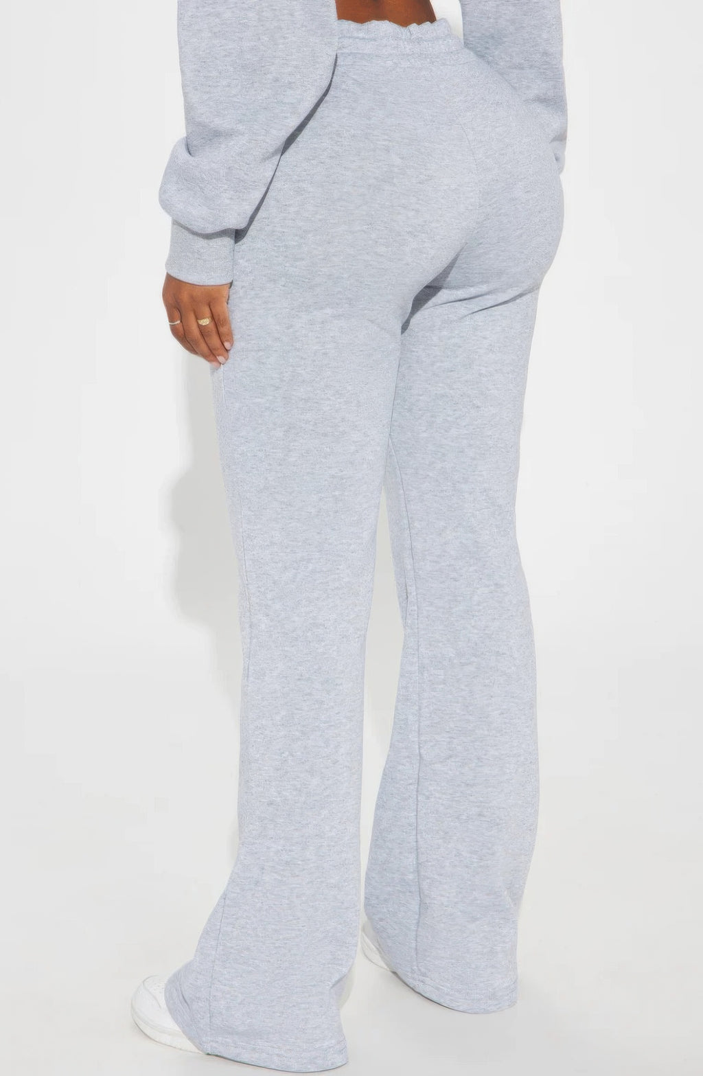 Heather gray lounge flare pants, side profile with wide-leg fit