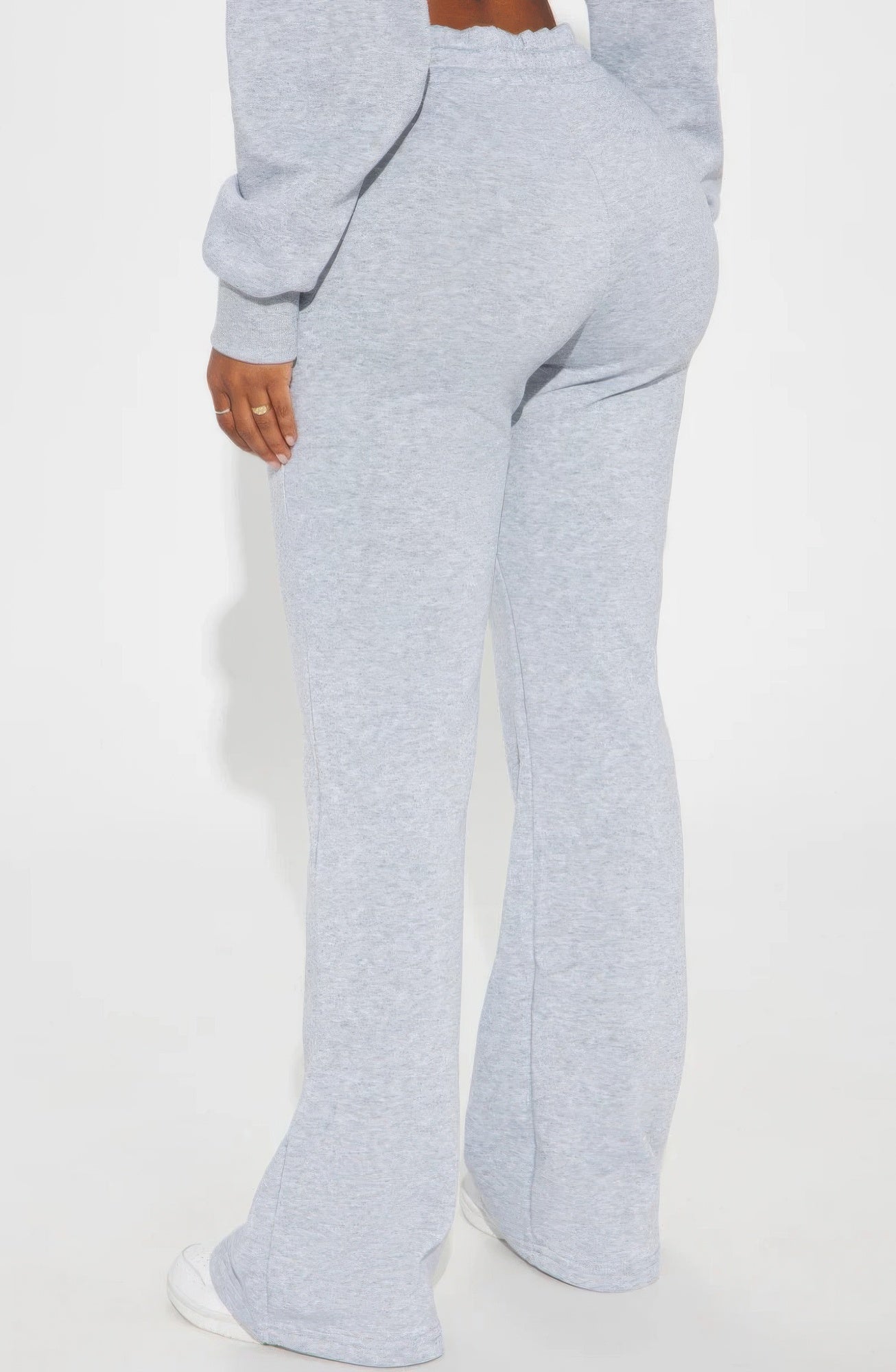 Heather gray lounge flare pants, side profile with wide-leg fit