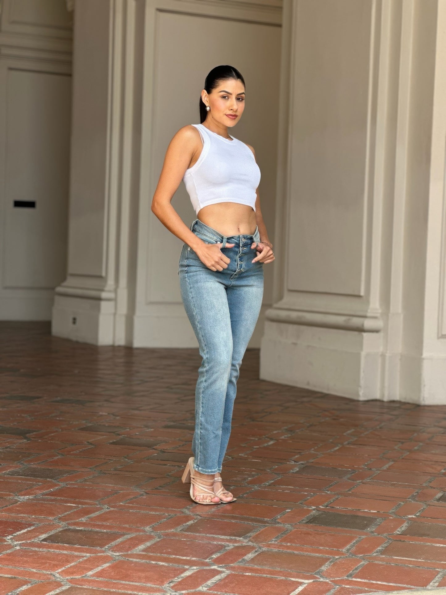 High Rise Button Fly Straight Light Blue Denim Jeans - Tigbul's Variety Fashion Shop