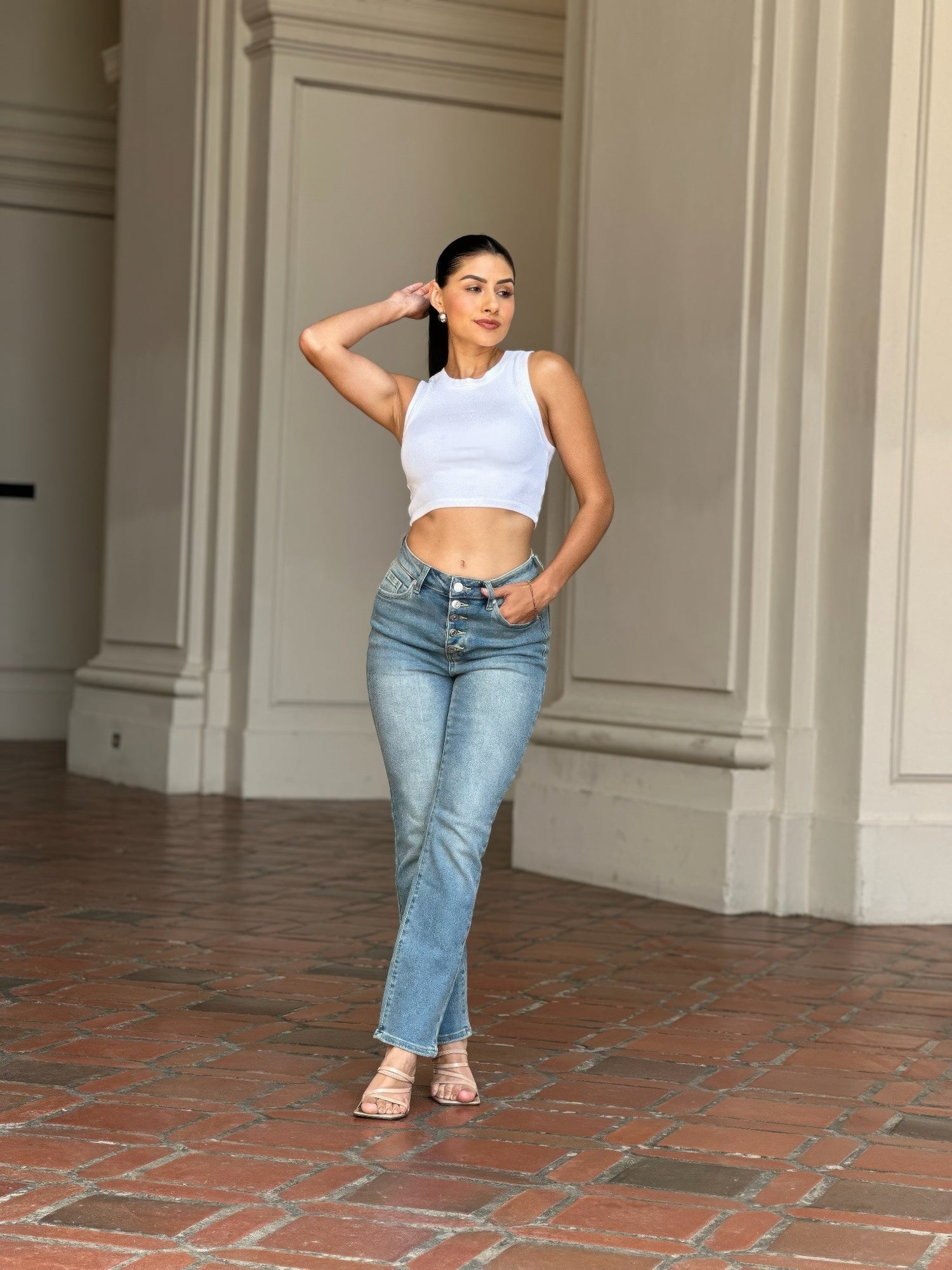 High Rise Button Fly Straight Light Blue Denim Jeans - Tigbul's Variety Fashion Shop