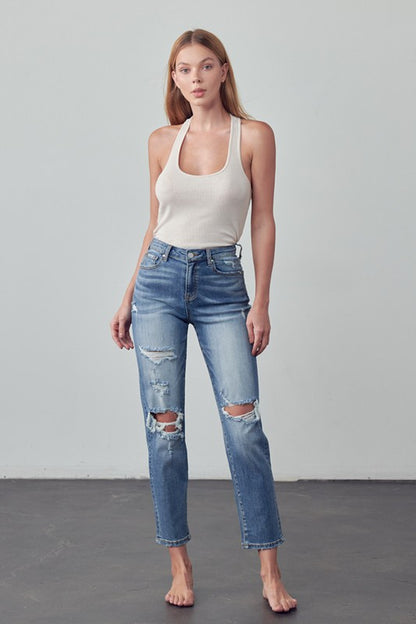 High Rise Distressed Girlfriend Jeans - Tigbul's Variety Fashion Shop