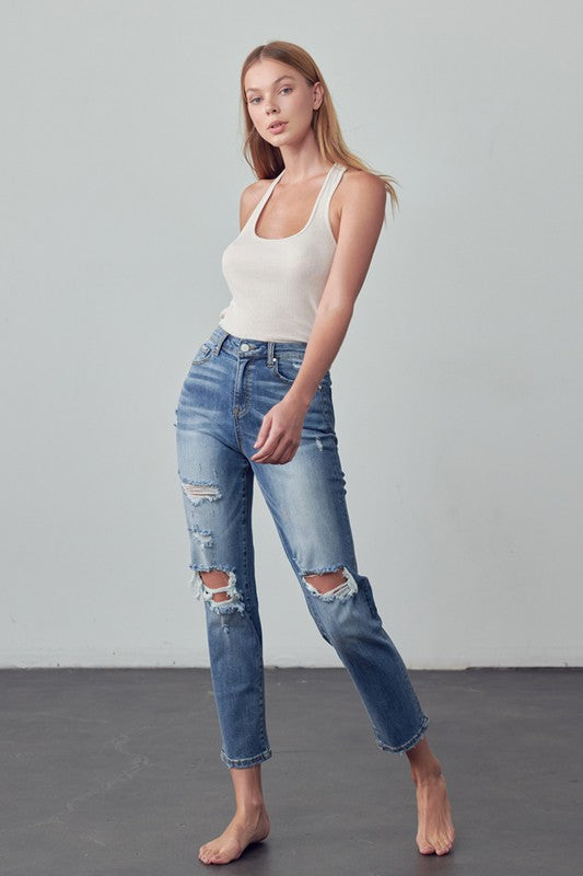 High Rise Distressed Girlfriend Jeans - Tigbul's Variety Fashion Shop