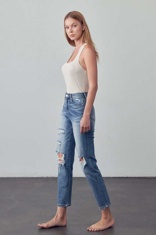 High Rise Distressed Girlfriend Jeans - Tigbul's Variety Fashion Shop