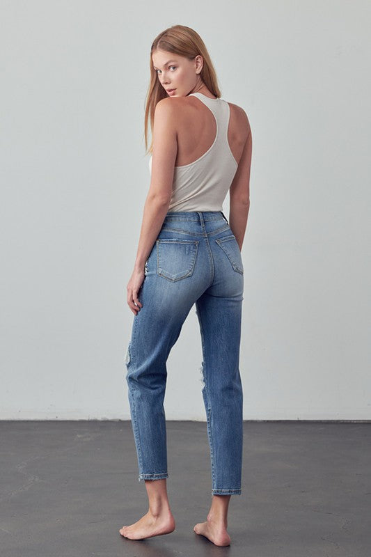 High Rise Distressed Girlfriend Jeans - Tigbul's Variety Fashion Shop
